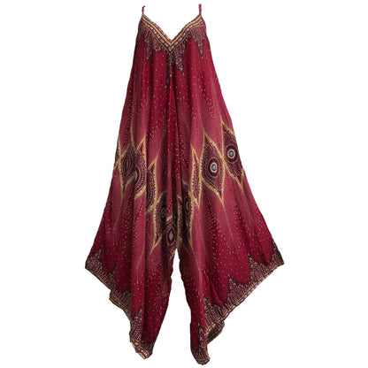 Bohemian Loose Fit Peacock Ethnic Print Harem Cotton Jumpsuit Palazzo Jumper