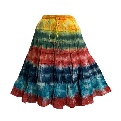 Bohemian Crinkled Gauze Cotton Mid Length Broomstick Skirt Ombre Tie Dye Mini skirt.Knee Length skit.