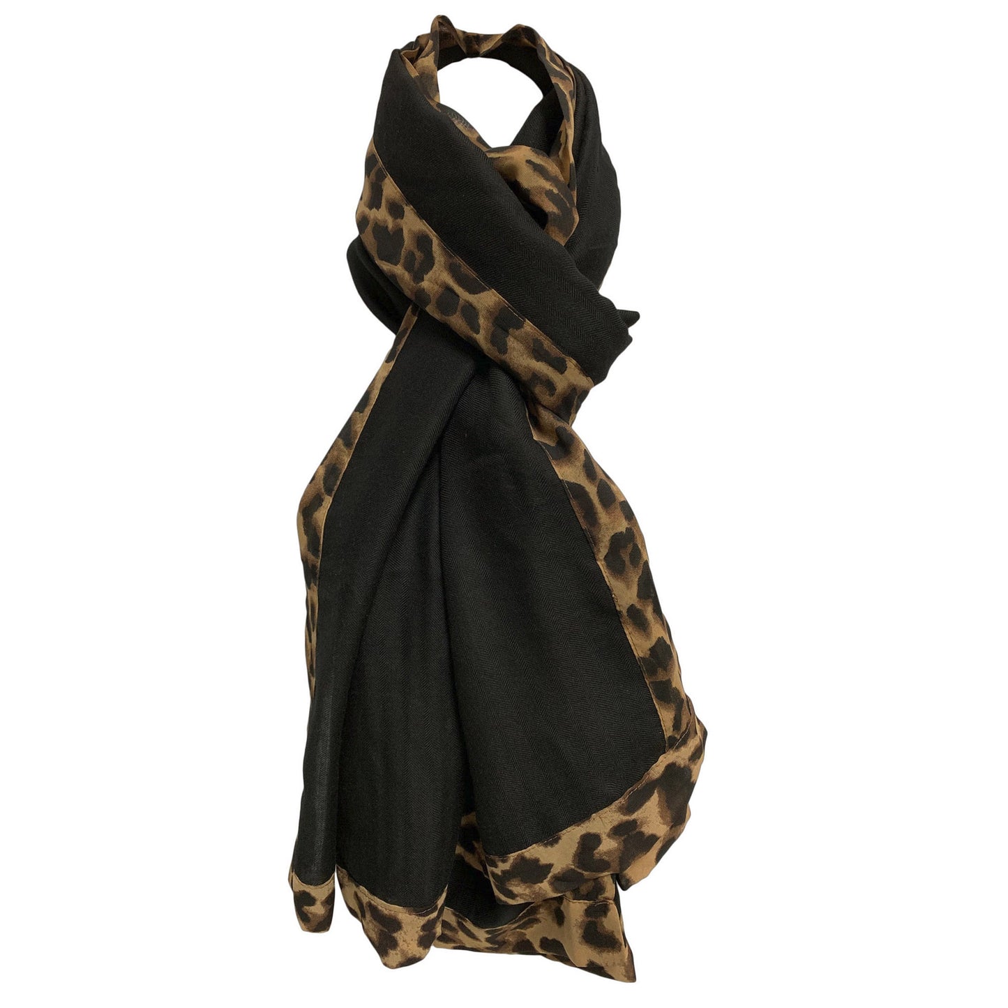 Leopard Print Border Soft Cotton Blend Large Fashion Shawl Wrap Scarf