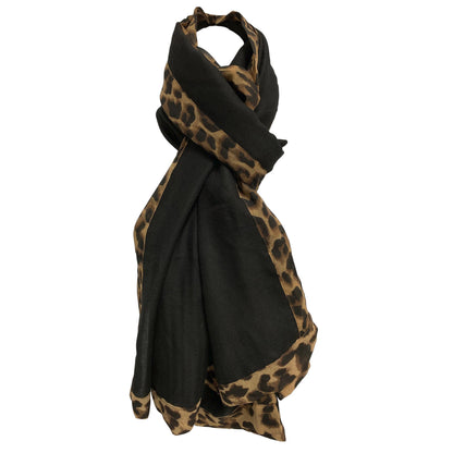 Leopard Print Border Soft Cotton Blend Large Fashion Shawl Wrap Scarf