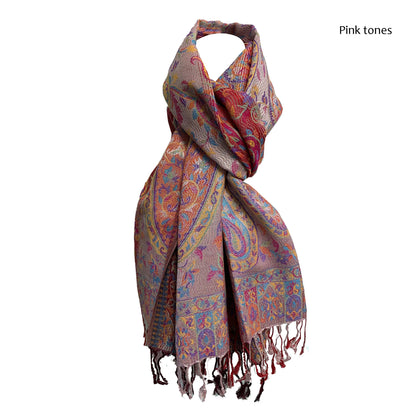 Bohemian Reversible Jacquard Paisley Print Silk Fringed Pashmina Shawl Wrap Scarf