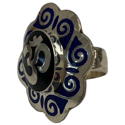 Black & Lapis Enamel Tibetan White Metal Om Ring MINAKARI