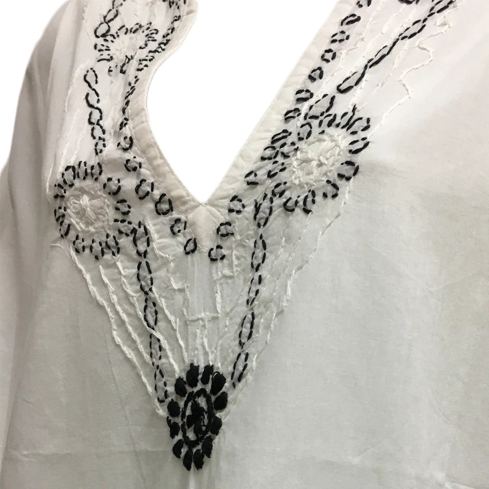 White Hand Embroidered Indian Ethnic Classic Cotton Split V neck Long Sleeve Long Tunic Blouse Top