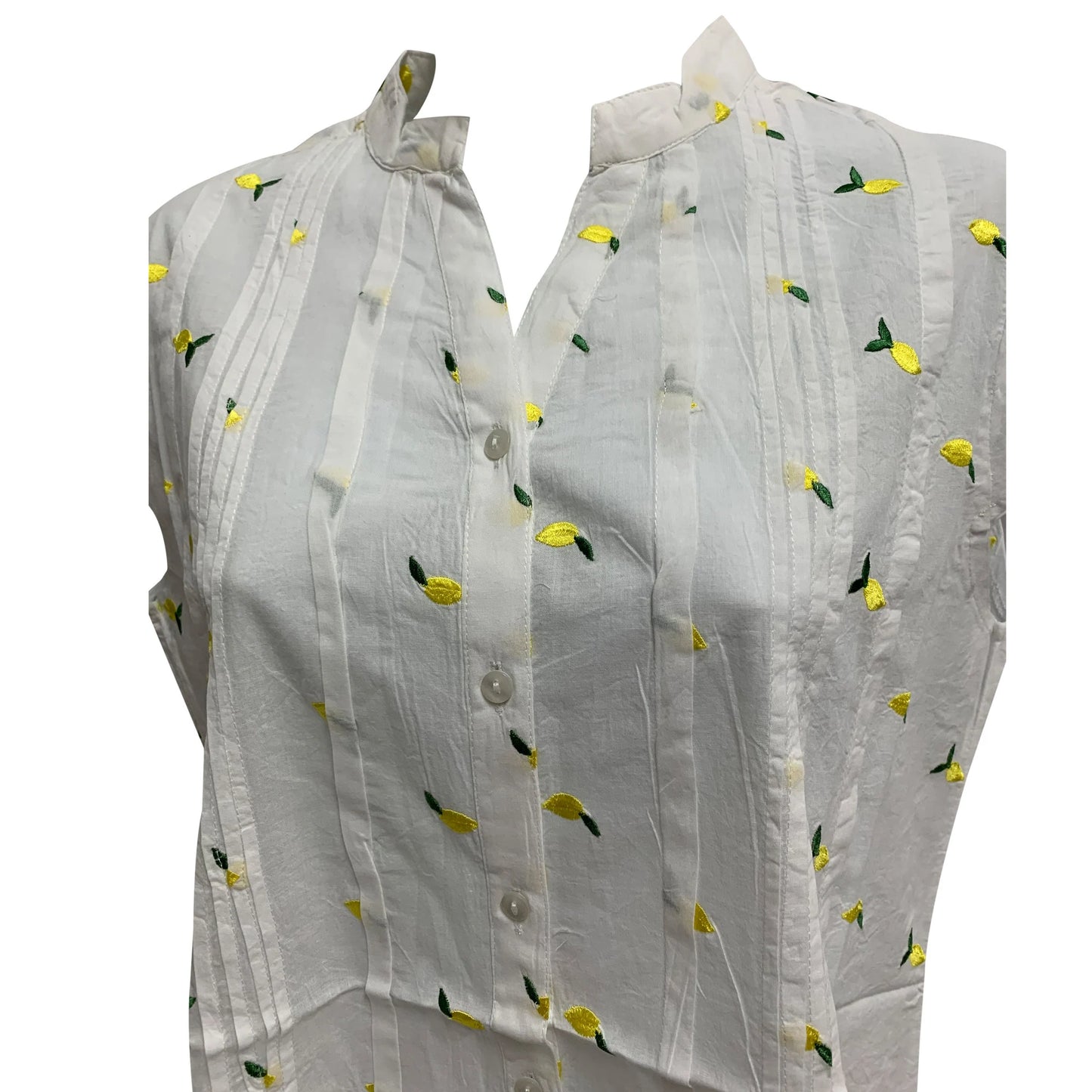 White Green Yellow Leaf Pattern Gauze Cotton Buttoned Up Short Sleeve Blouse Top