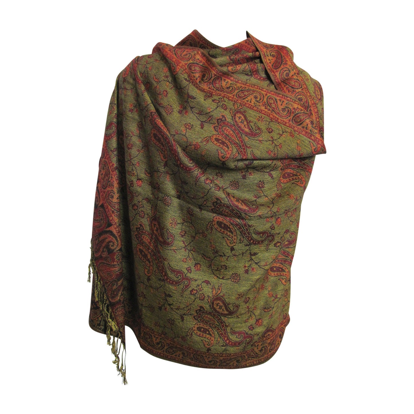 Reversible Jacquard Paisley Pashmina Silk Fringe Shawl Wrap Scarf