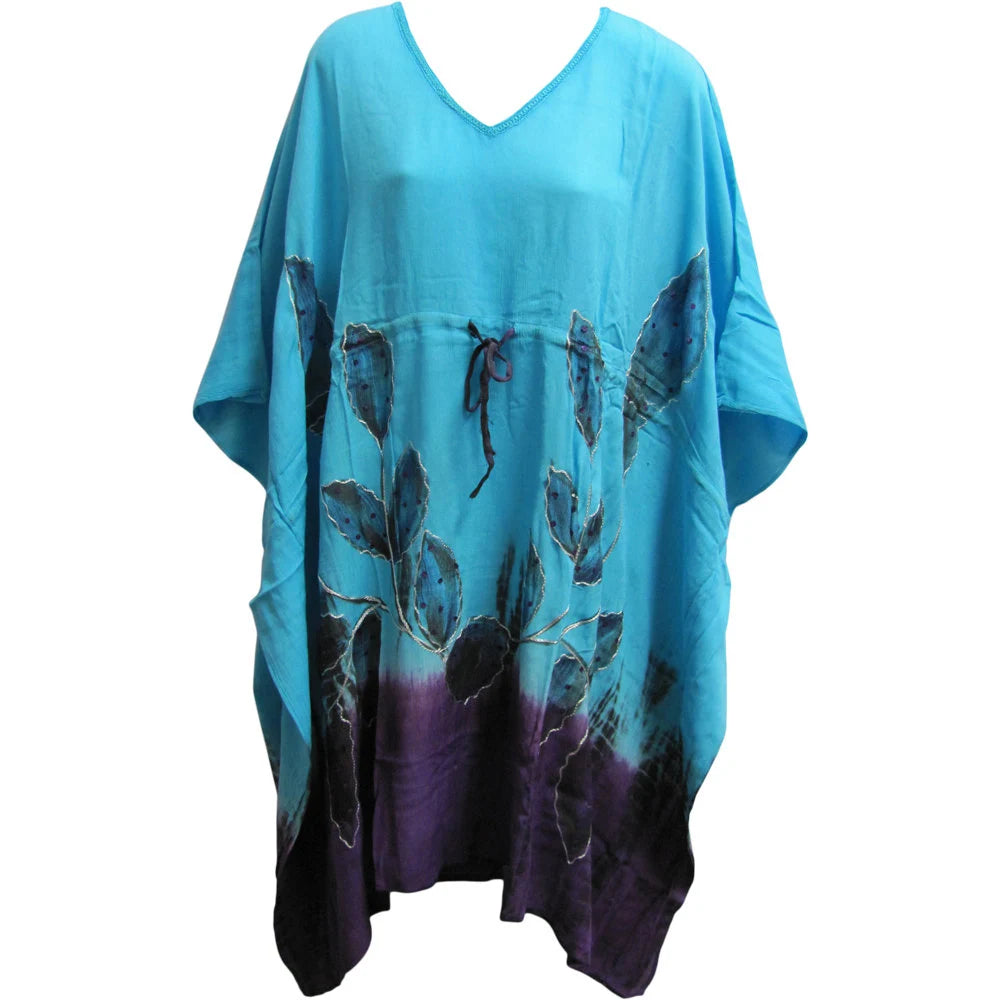 Plus Size Bohemian Indian Painted Floral Sequined Caftan Tunic Poncho Coverup