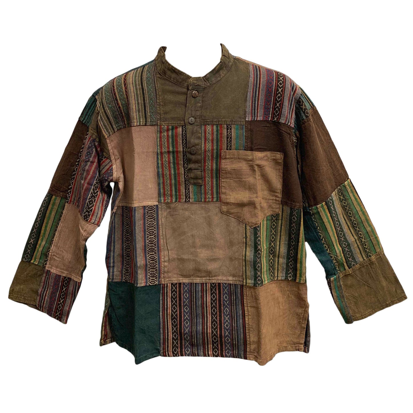 Men's Vintage Indian Heavy Cotton Boho Long Sleeve Hand made Patchwork Shirt