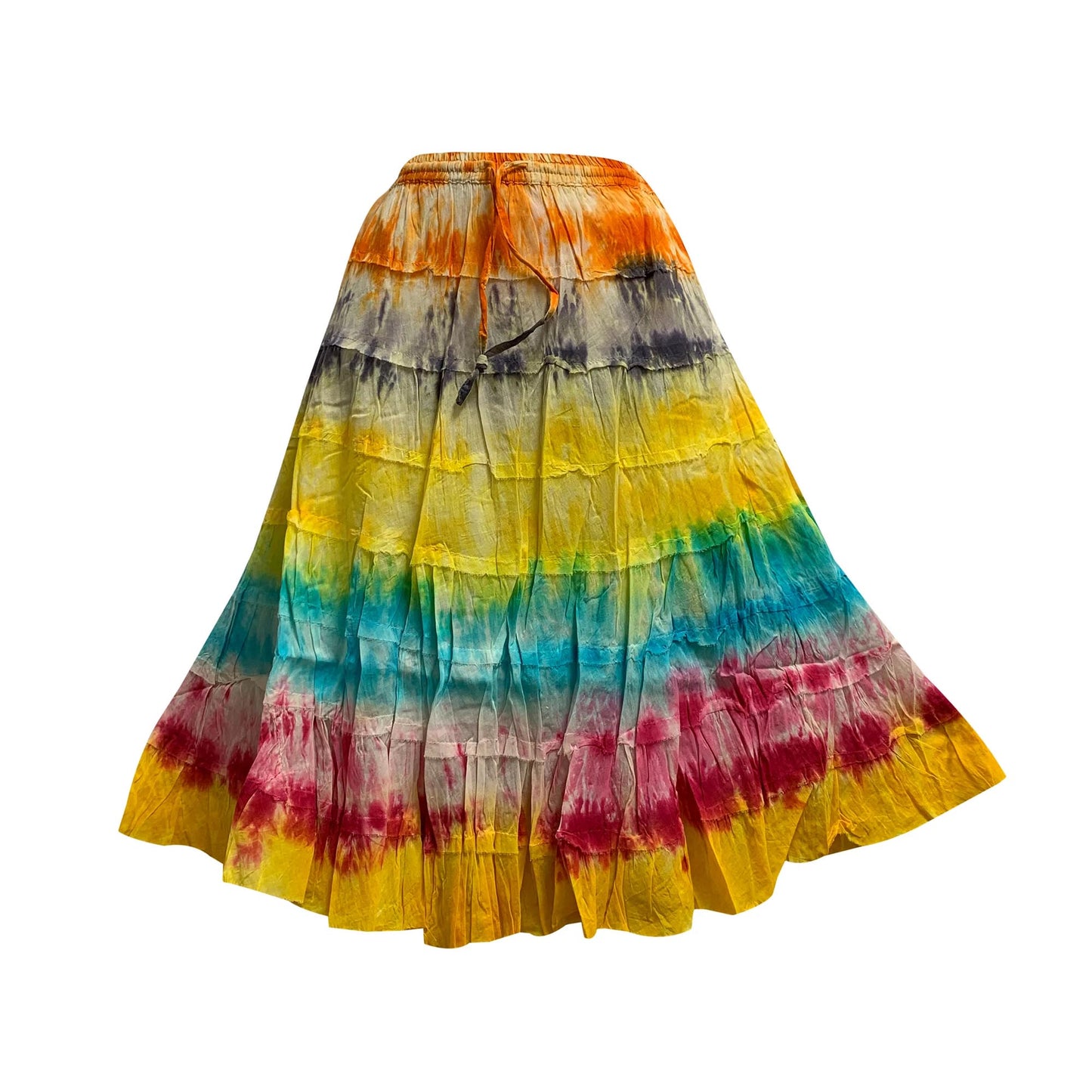 Bohemian Crinkled Gauze Cotton Mid Length Broomstick Skirt Ombre Tie Dye Mini skirt.Knee Length skit.