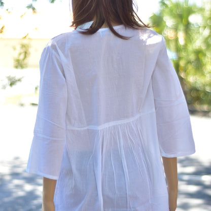 White Hand Embroidered Indian Cotton Peasant 3/4 Sleeve Blouse Tunic Top Boho white blouse