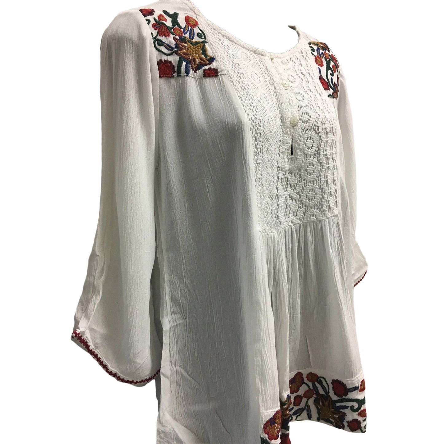 White Crinkled Gauze Seventies Vintage Embroidery 3/4 Sleeve Peasant Lace Boho Blouse Top