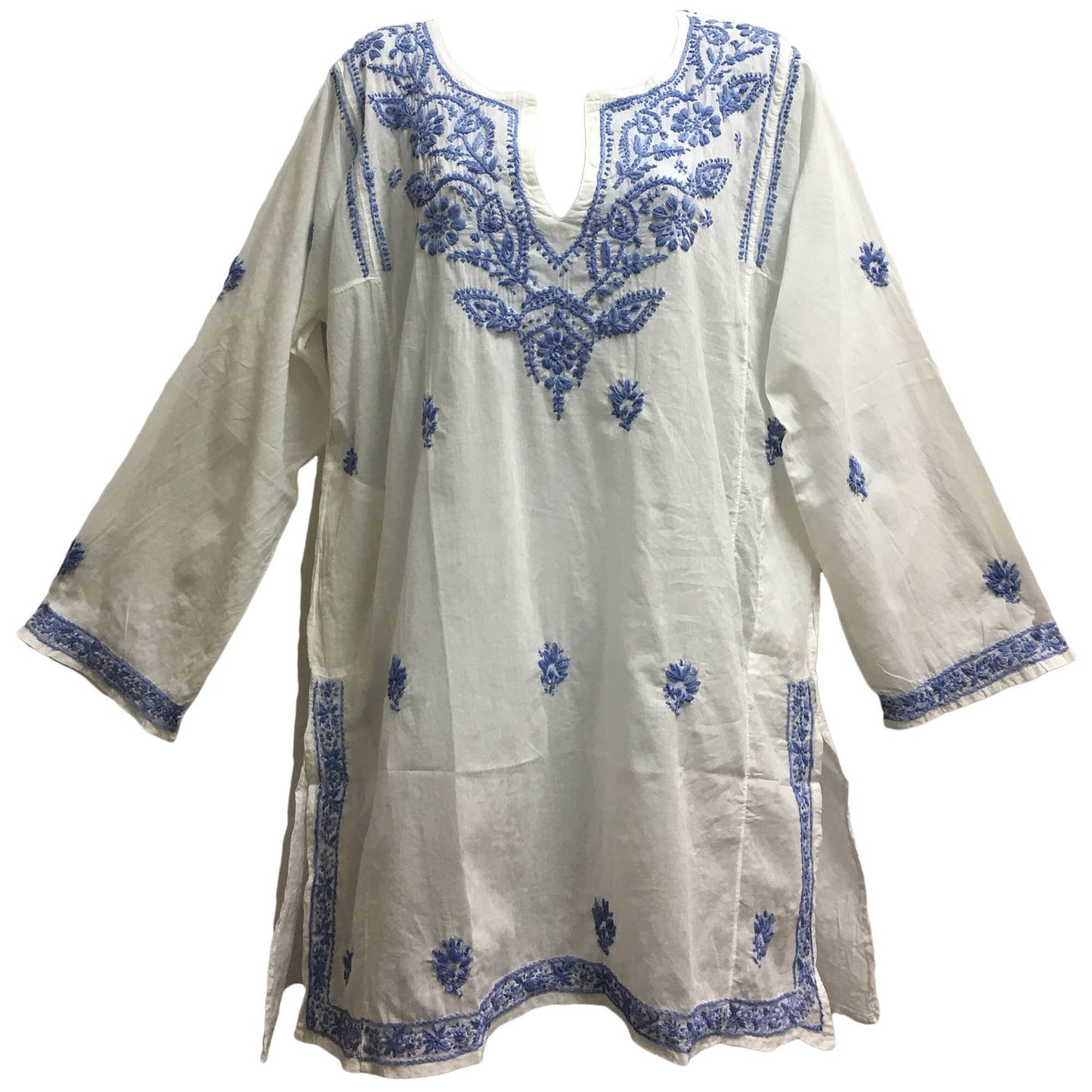 Indian White Hand Embroidered Split V-Neck Long Sleeve Tunic Kurti