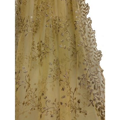 Gold Shimmering Embroidered Organza Silk Vintage Style Evening Shawl Wrap Scarf