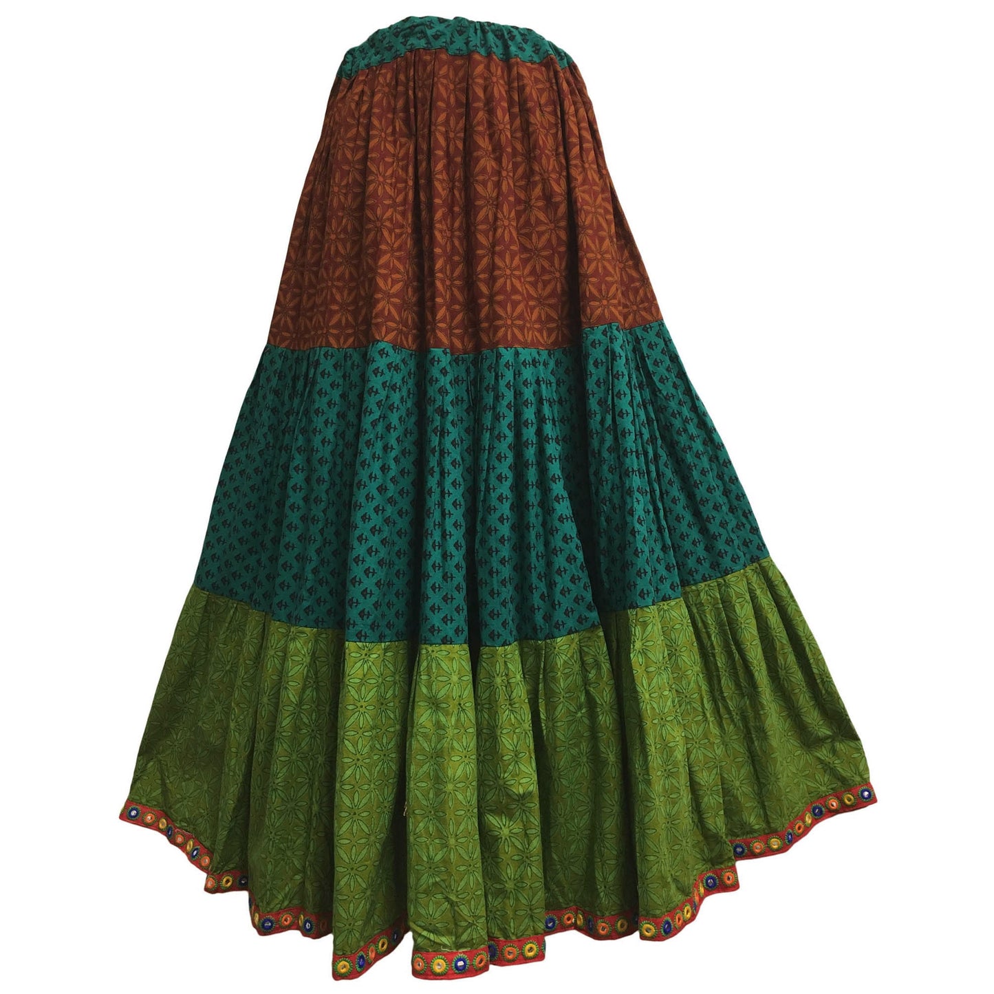 Indian Hand Block Printed Seven Yard Pleats Cotton Patchwork full circle flared tiered Ghera Bohemian Long Maxi Skirt #137