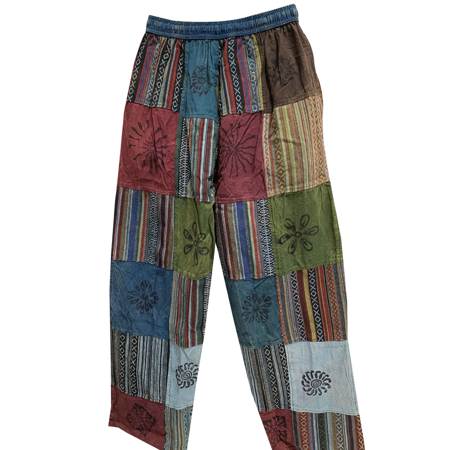 Unisex Boho Bohemian Hippie Festival Yoga Ethnic Print Patchwork Stonewashed Heavy Cotton Trouser Pants