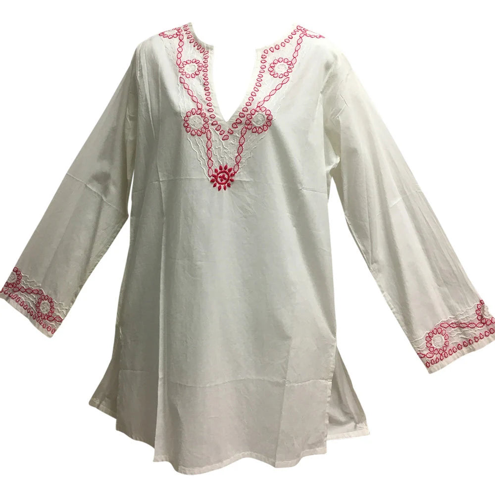 White Hand Embroidered Indian Ethnic Classic Cotton Split V neck Long Sleeve Long Tunic Blouse Top