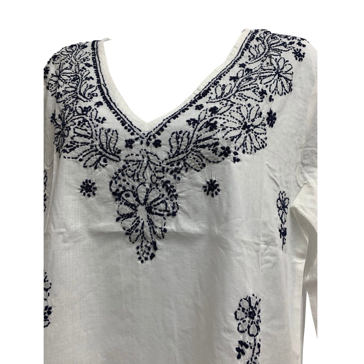 Indian Classic pure Cotton  boho Hand Embroidered V-Neck Long Sleeve White Tunic Kurti Blouse #16