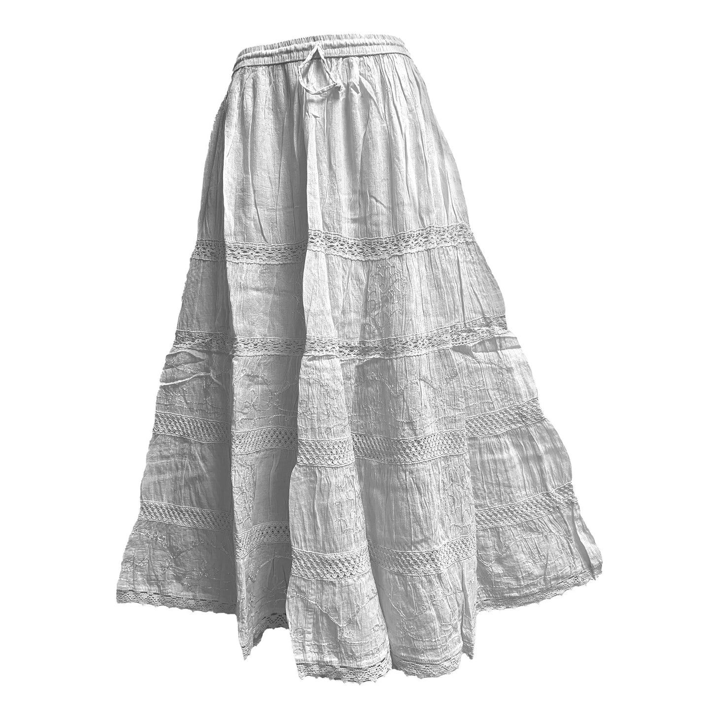 Womens Plus Size Three-Tier Bohemian Gauze Cotton Long Skirt Embroidered Skirt Boho solid color plain Maxi Skirt