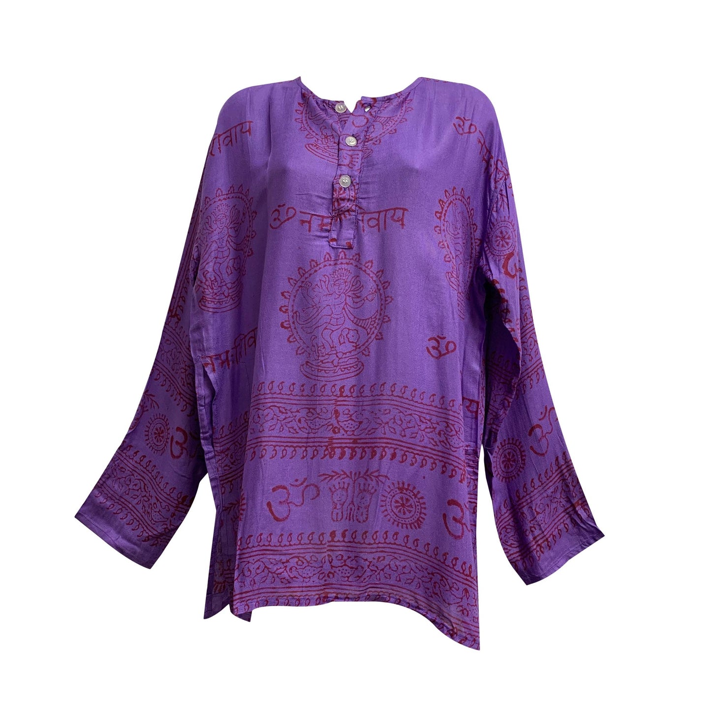 Boho Bohemian Unisex Long Sleeve Hippie Mantra Indian Ethnic Print Block Print Kurta Top Mens shirt. Womens loose fit shirt.