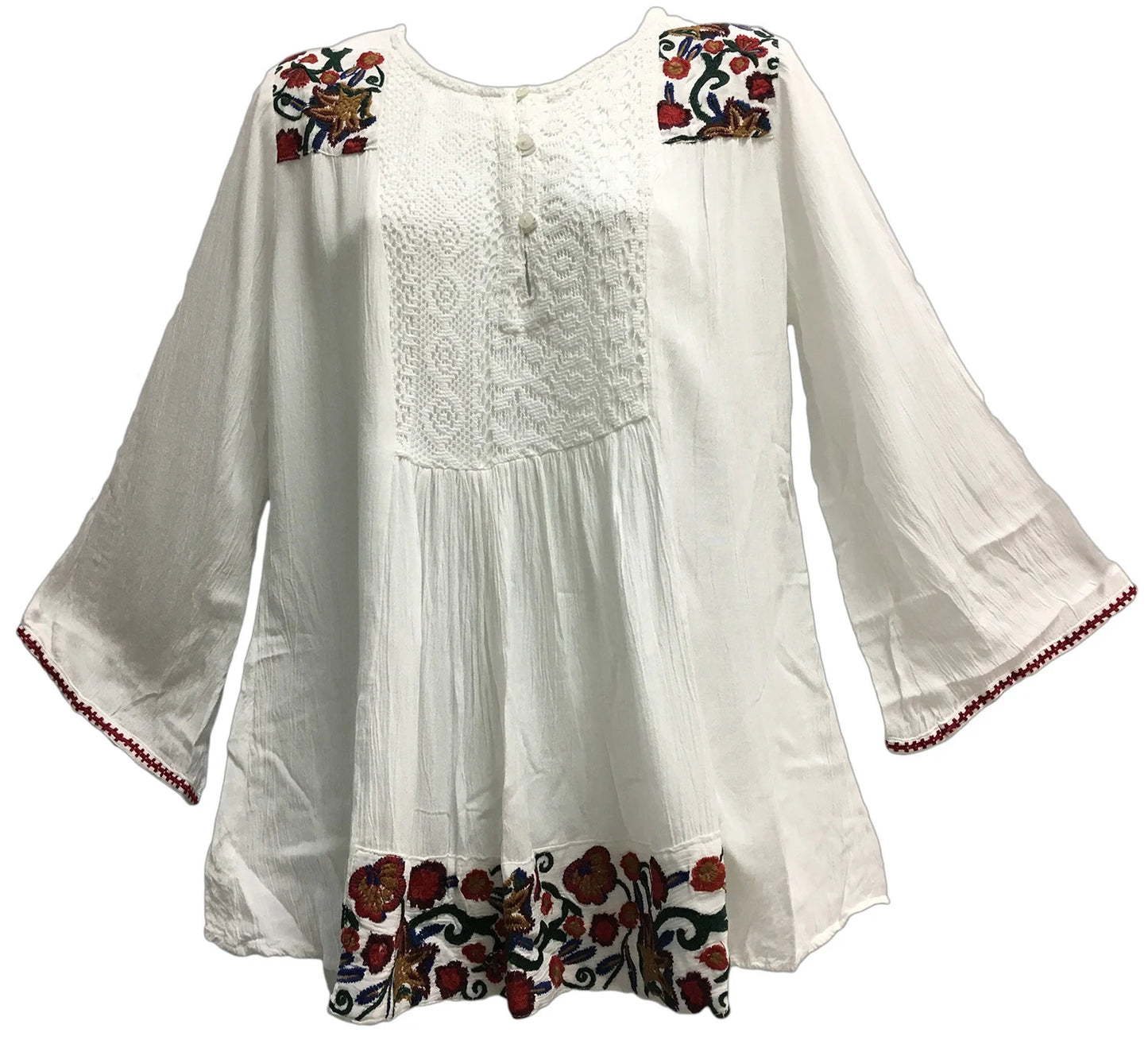 White Crinkled Gauze Seventies Vintage Embroidery 3/4 Sleeve Peasant Lace Boho Blouse Top