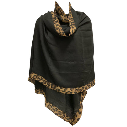 Leopard Print Border Soft Cotton Blend Large Fashion Shawl Wrap Scarf