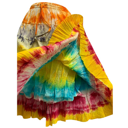 Bohemian Crinkled Gauze Cotton Mid Length Broomstick Skirt Ombre Tie Dye Mini skirt.Knee Length skit.