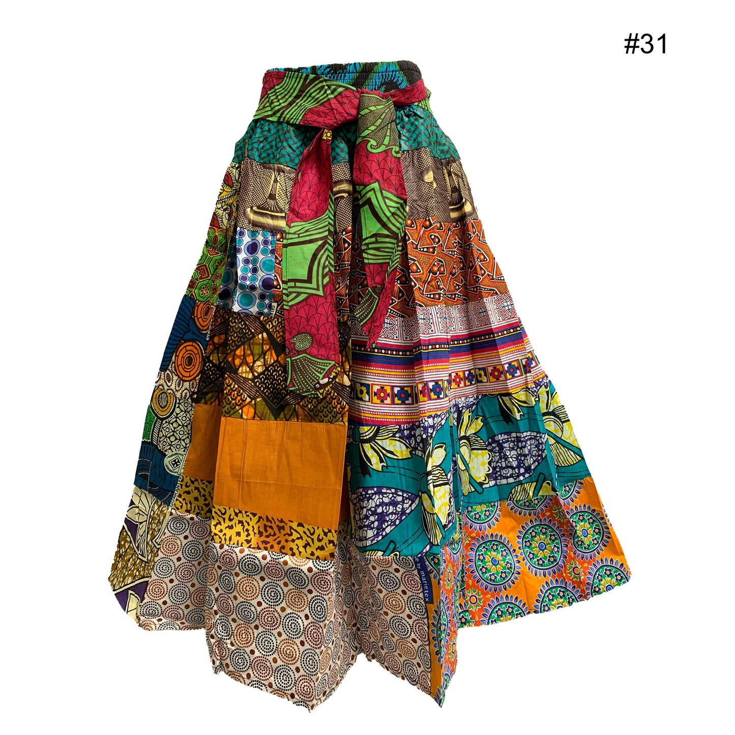 Bohemian African Wax Cotton Patchwork Ethnic Print Flared Long Maxi Skirt with Pockets