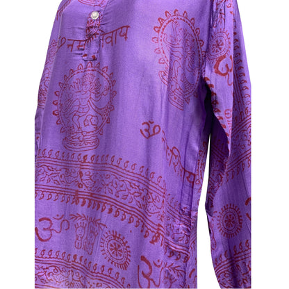 Boho Bohemian Unisex Long Sleeve Hippie Mantra Indian Ethnic Print Block Print Kurta Top Mens shirt. Womens loose fit shirt.