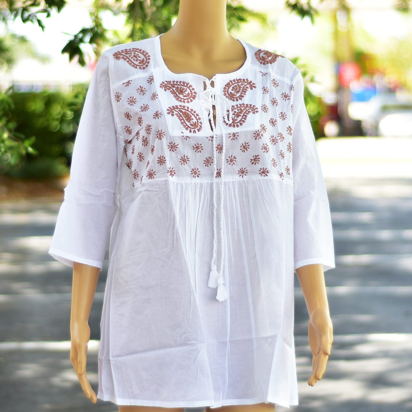 White Hand Embroidered Indian Cotton Peasant 3/4 Sleeve Blouse Tunic Top Boho white blouse