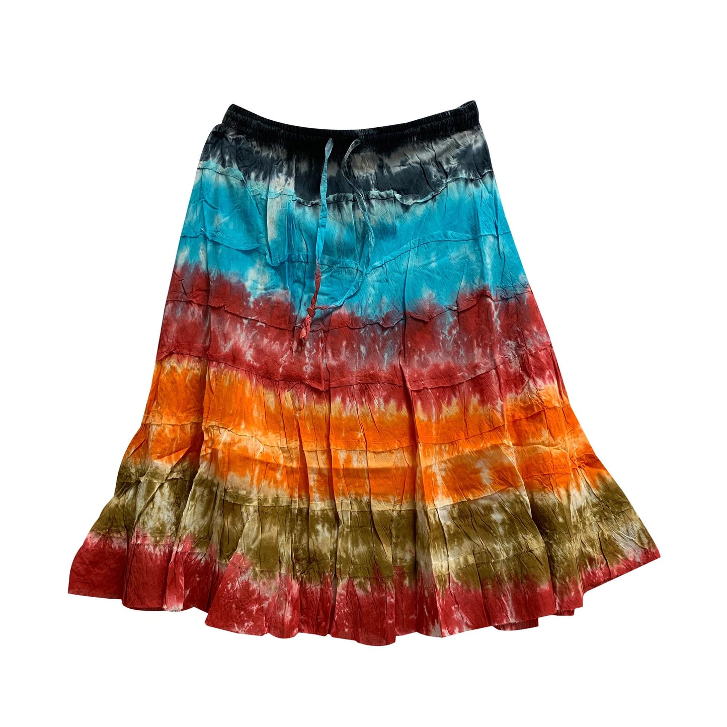 Bohemian Crinkled Gauze Cotton Mid Length Broomstick Skirt Ombre Tie Dye Mini skirt.Knee Length skit.