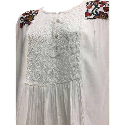 White Crinkled Gauze Seventies Vintage Embroidery 3/4 Sleeve Peasant Lace Boho Blouse Top