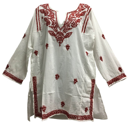 Indian White Hand Embroidered Split V-Neck Long Sleeve Tunic Kurti