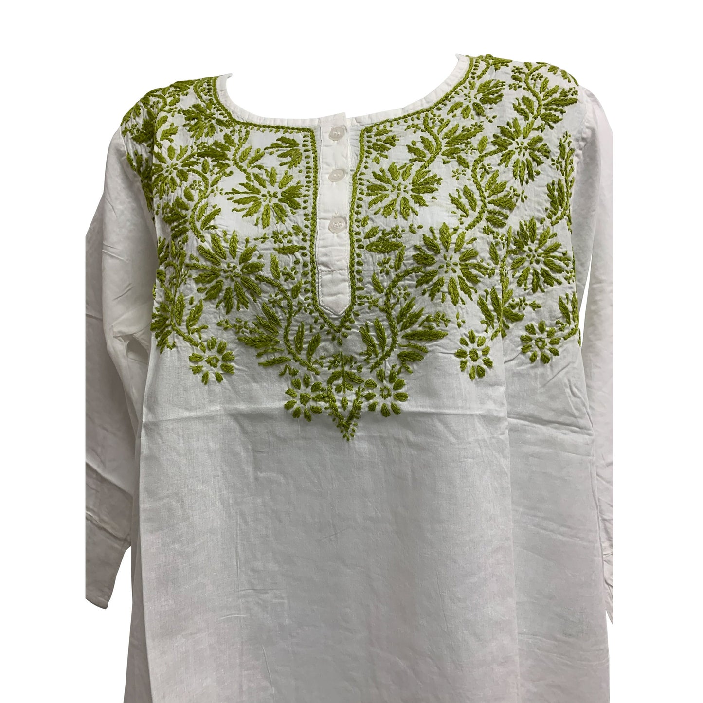 Indian Classic pure Cotton Hand Embroidered Long Sleeve White Tunic Kurti boho Blouse #17