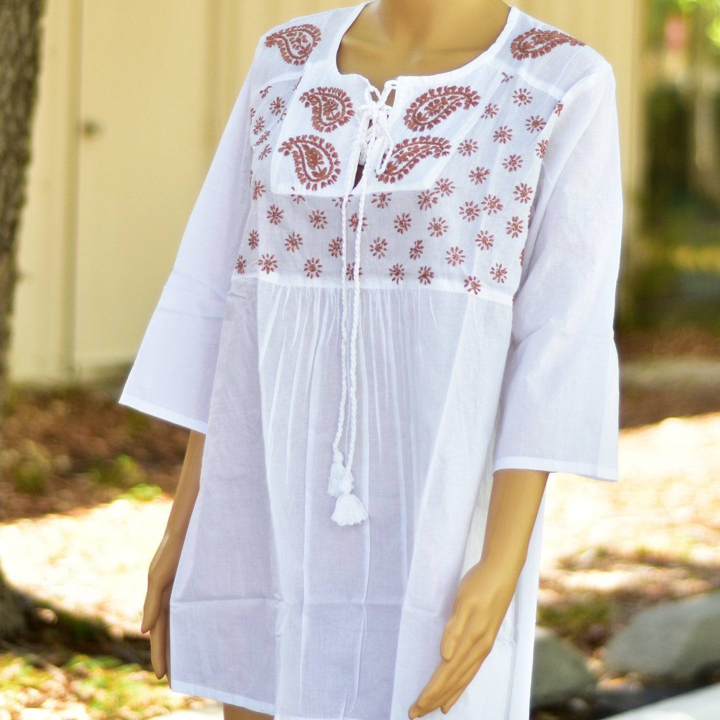 White Hand Embroidered Indian Cotton Peasant 3/4 Sleeve Blouse Tunic Top Boho white blouse