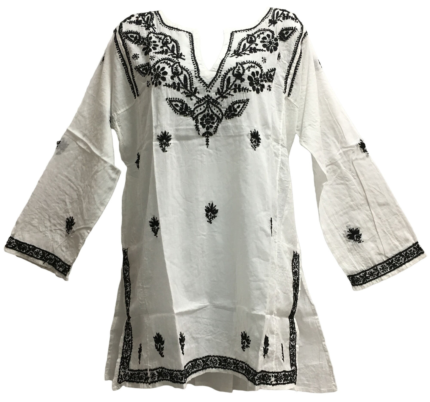 Indian White Hand Embroidered Split V-Neck Long Sleeve Tunic Kurti