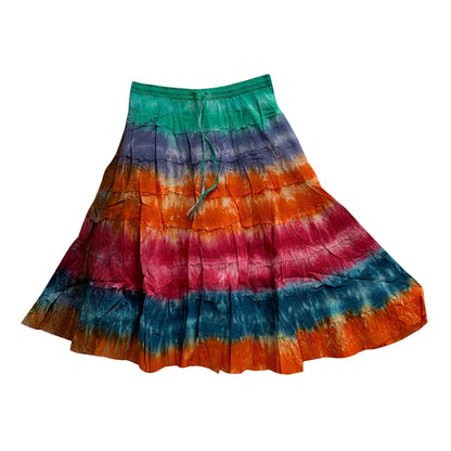 Bohemian Crinkled Gauze Cotton Mid Length Broomstick Skirt Ombre Tie Dye Mini skirt.Knee Length skit.