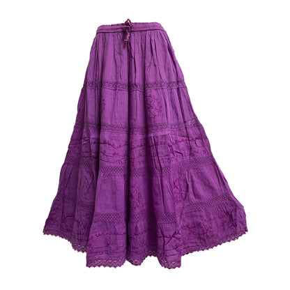 Womens Plus Size Three-Tier Bohemian Gauze Cotton Long Skirt Embroidered Skirt Boho solid color plain Maxi Skirt