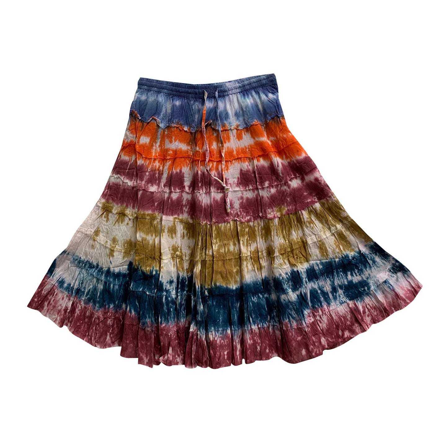 Bohemian Crinkled Gauze Cotton Mid Length Broomstick Skirt Ombre Tie Dye Mini skirt.Knee Length skit.