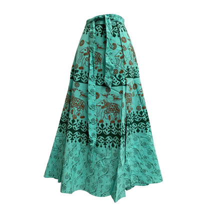 Bohemian Indian Ethnic Block Print Cotton Long Maxi Wrap Around Skirt Bagroo print