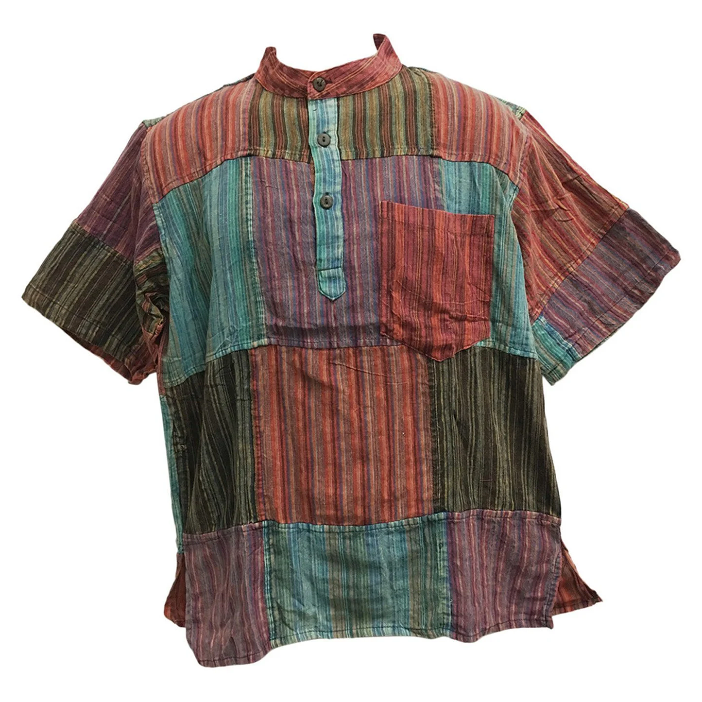 Men's Bohemian Vintage Mandarin Collar Short Sleeve cotton Patchwork Shirt