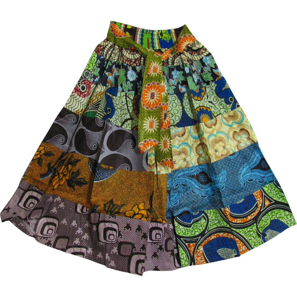 African Ethnic Print Cotton Patchwork Adjustable Flared Long Maxi Skirt