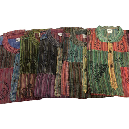 Mens Handcrafted Mandarin Collar Vintage Patchwork Ethnic Print Bohemian Long Sleeve Boho Shirt Mens Plus Size Cotton Shirt