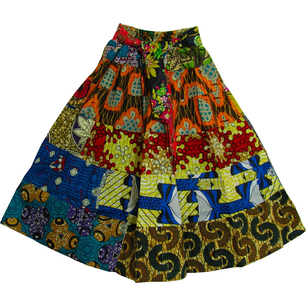 African Ethnic Print Cotton Patchwork Adjustable Flared Long Maxi Skirt