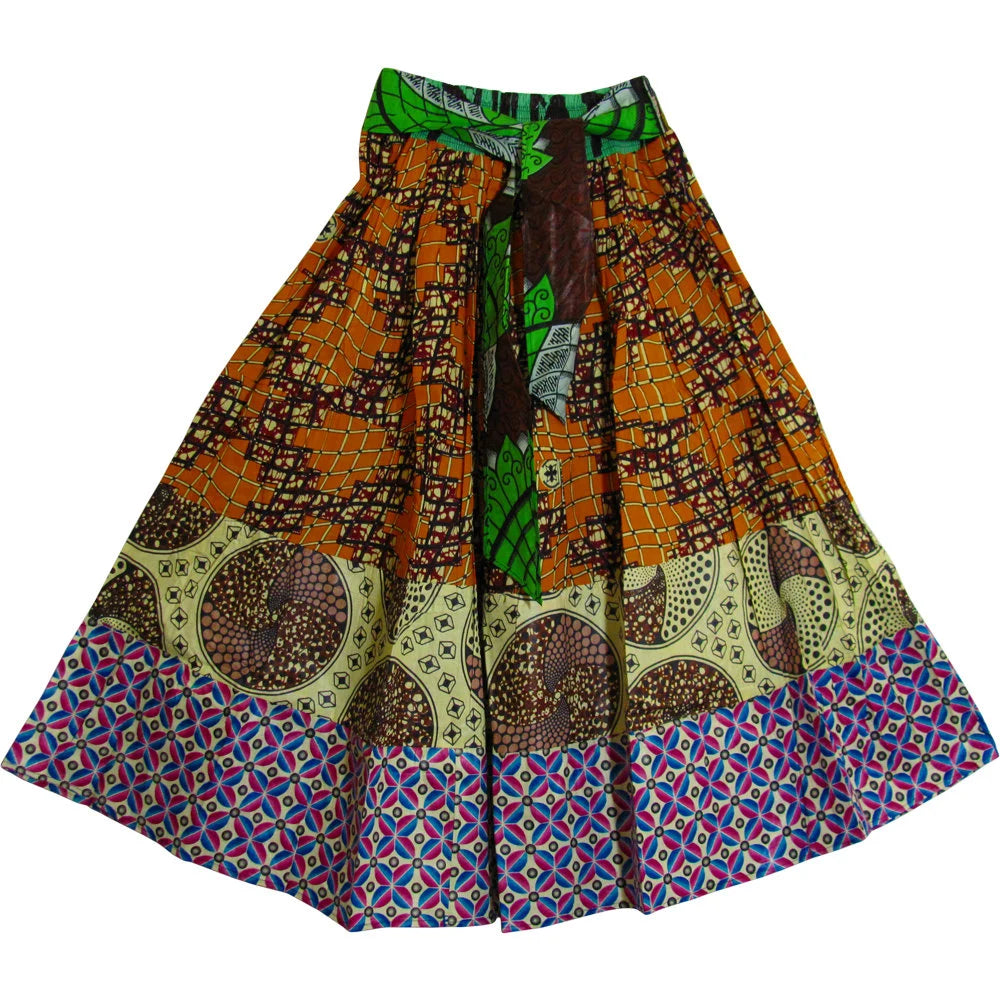 African Ethnic Print Cotton Patchwork Adjustable Flared Long Maxi Skirt