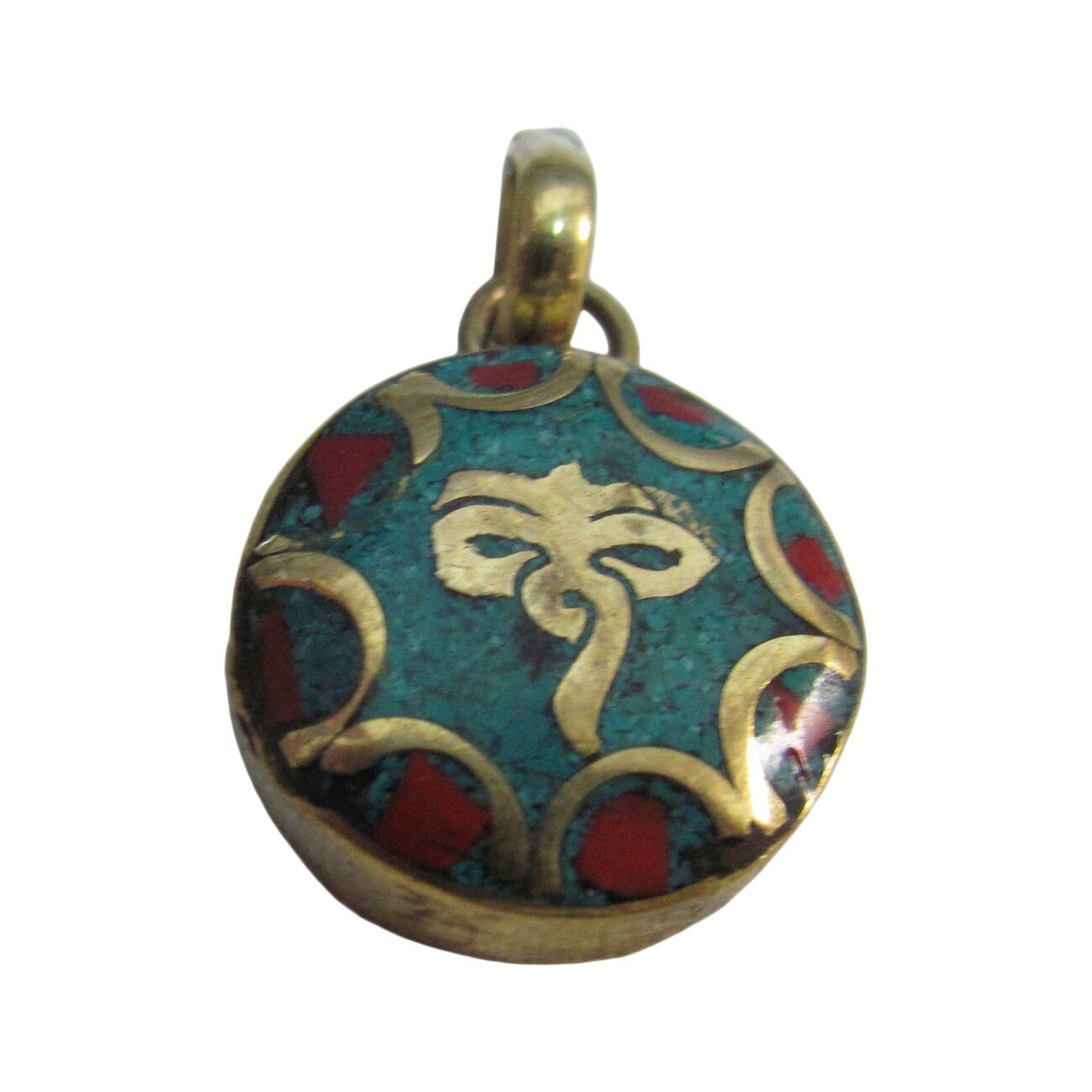 Tibetan Coral Turquoise Inlay Small Brass Buddha's Eye Pendant w/ Gift Pouch