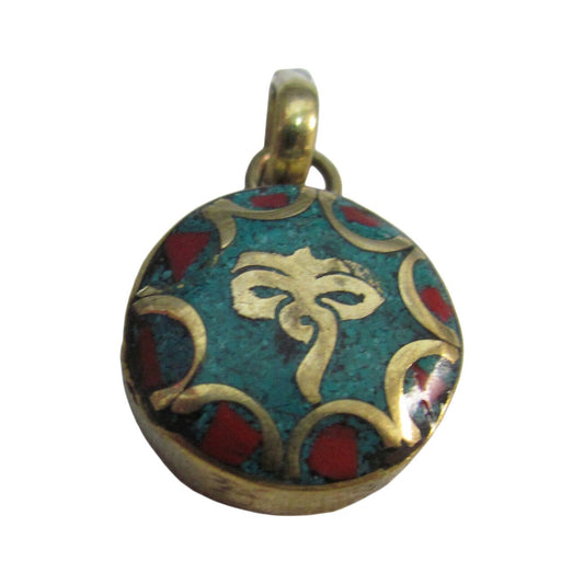 Tibetan Coral Turquoise Inlay Small Brass Buddha's Eye Pendant w/ Gift Pouch