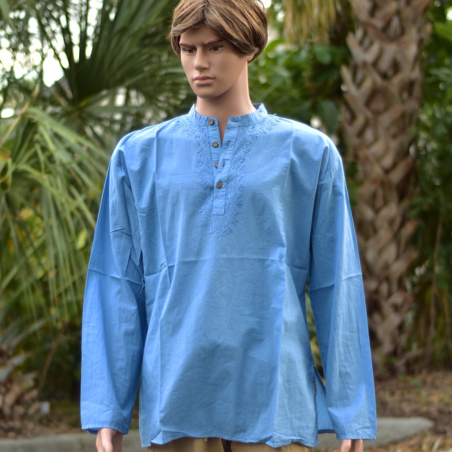 Bohemian Cotton Embroidered Tree Design Men's Tunic Shirt Blue India