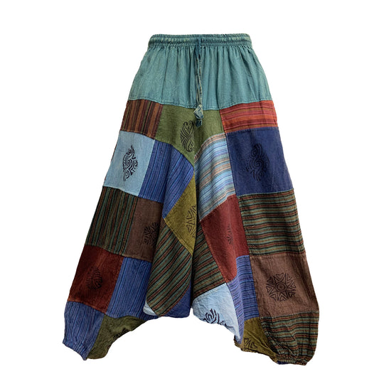 Unisex Men Women Boho Bohemian Hippie Ethnic Print Multicolored Patchwork Stonewashed Cotton Yoga Baggy Harem Pants