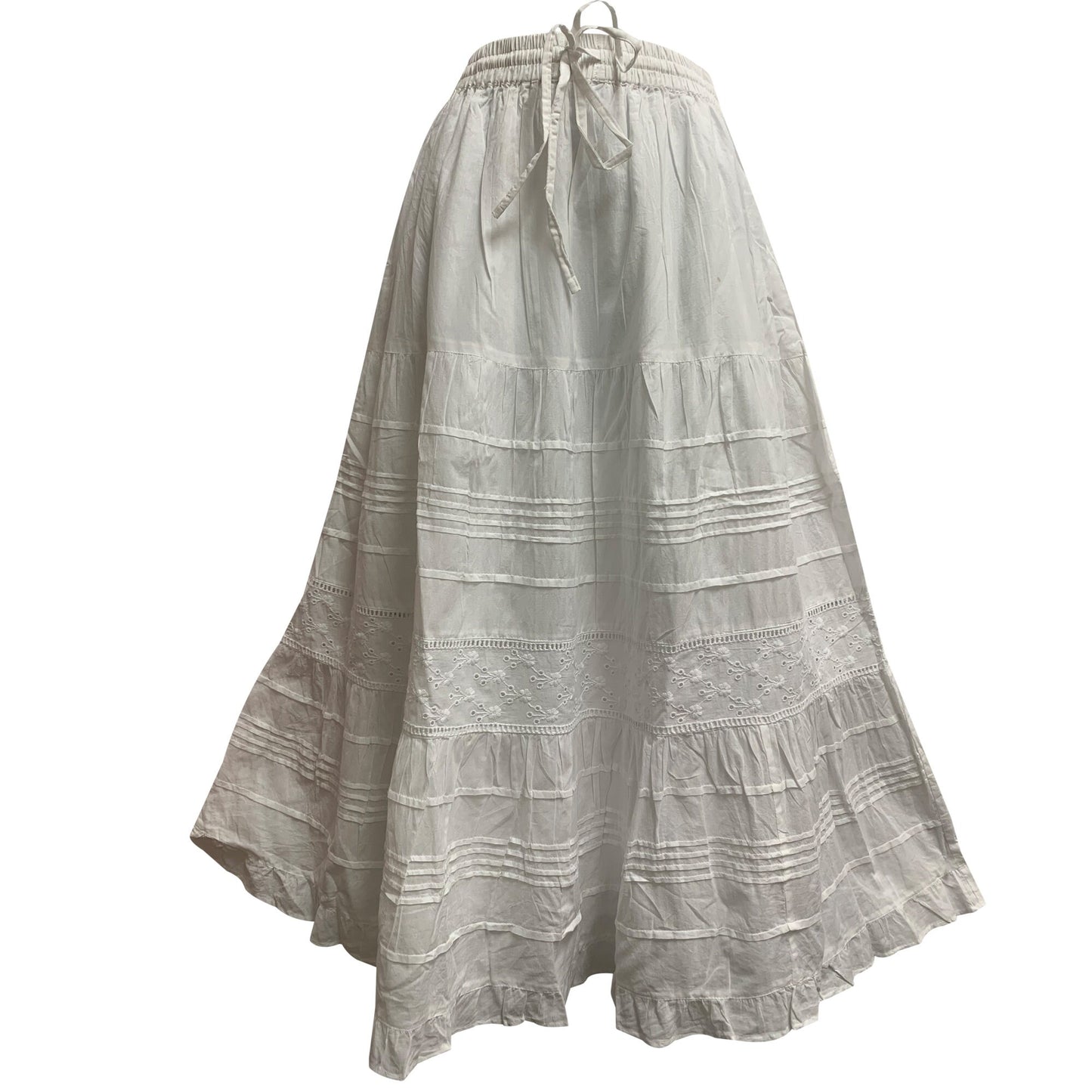 White Embroidered Eyelet Tiered Indian Fine Gauze Cotton boho Long Maxi Skirt (JK8)