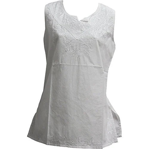 White Indian Embroidered Gauze Cotton Sleeveless Cami Blouse Top