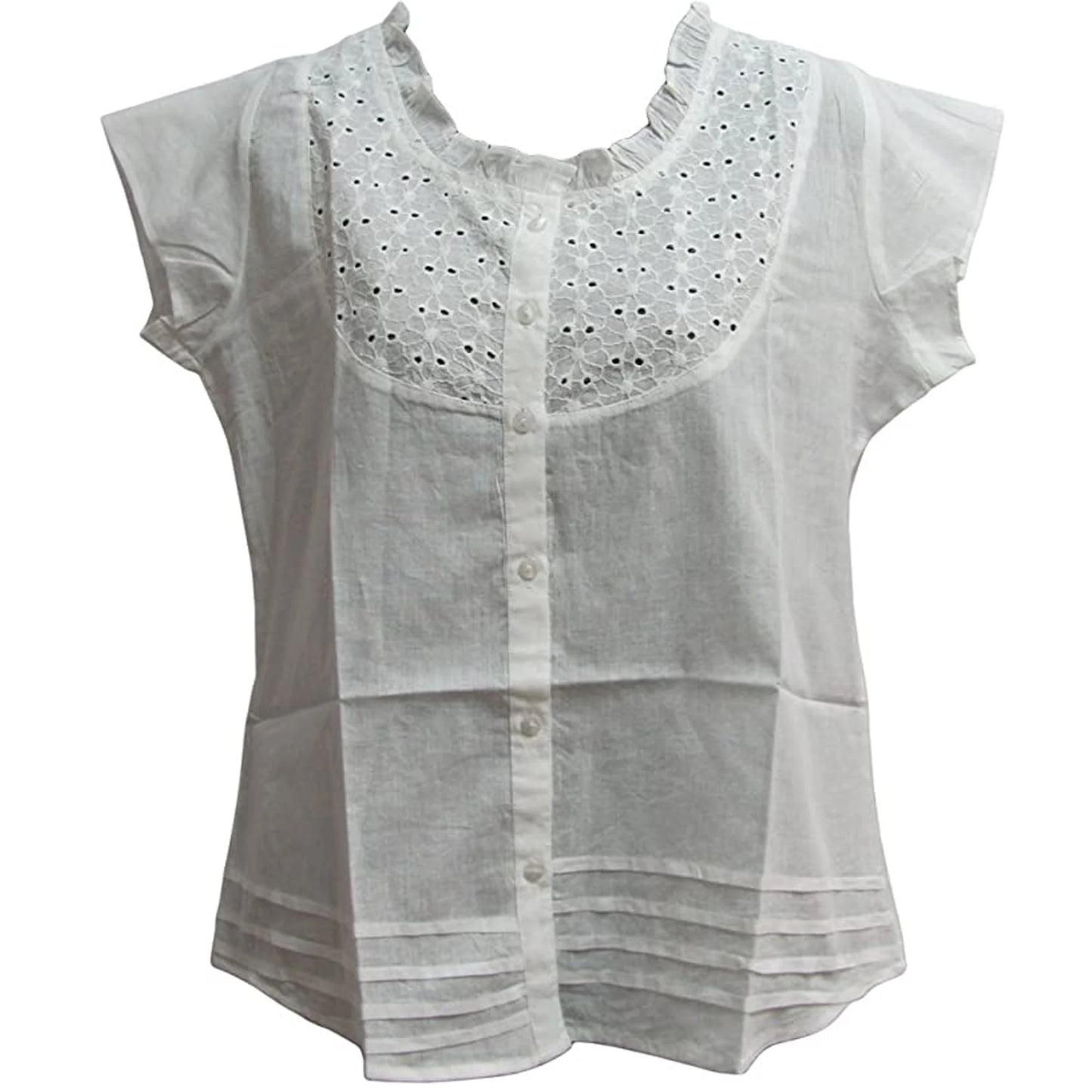 White Indian Gauze Cotton Short-Sleeve Embroidered Lace Blouse No17